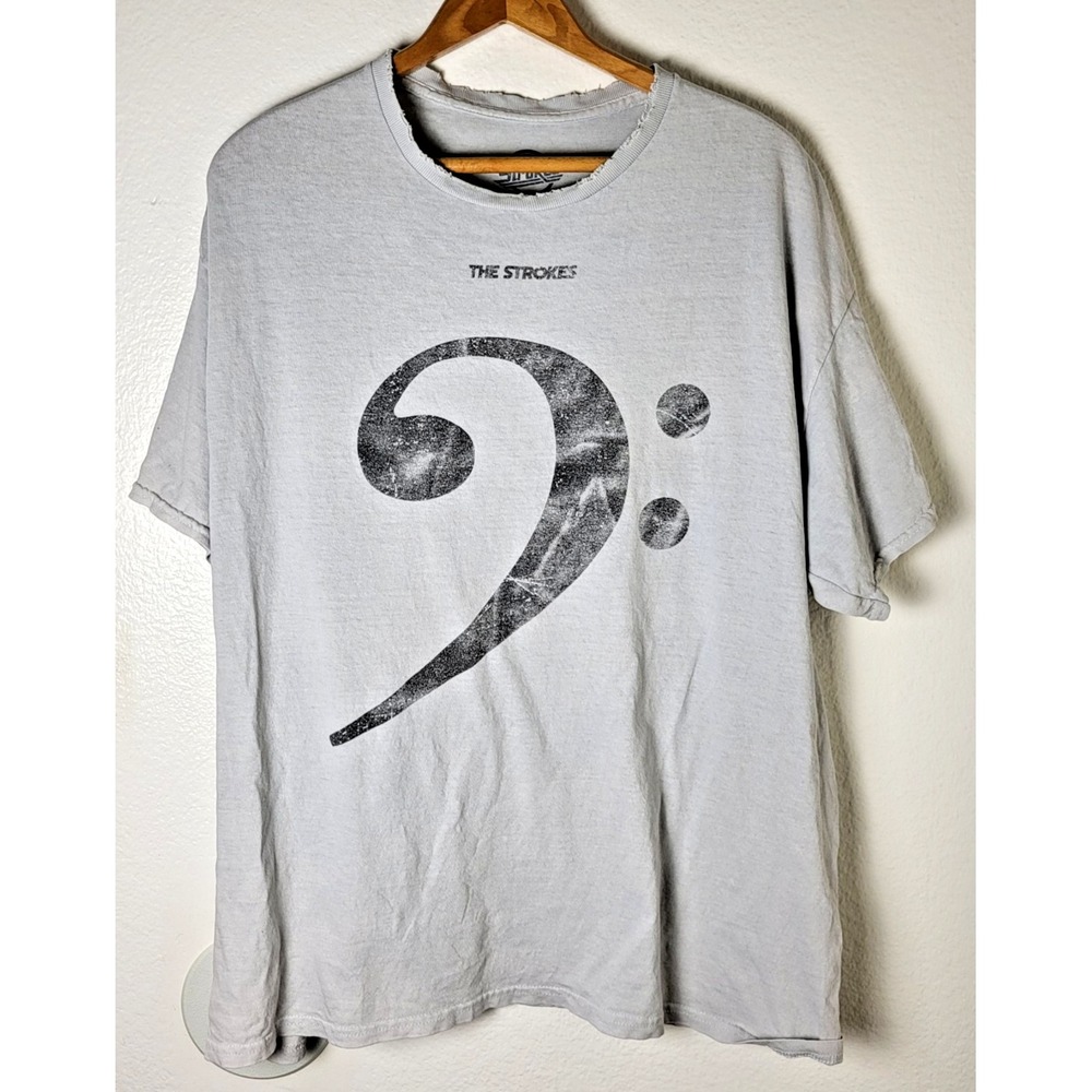 The Strokes Bass Clef 100% Cotton Distressed T-Shirt Mens L Grey Music Band
